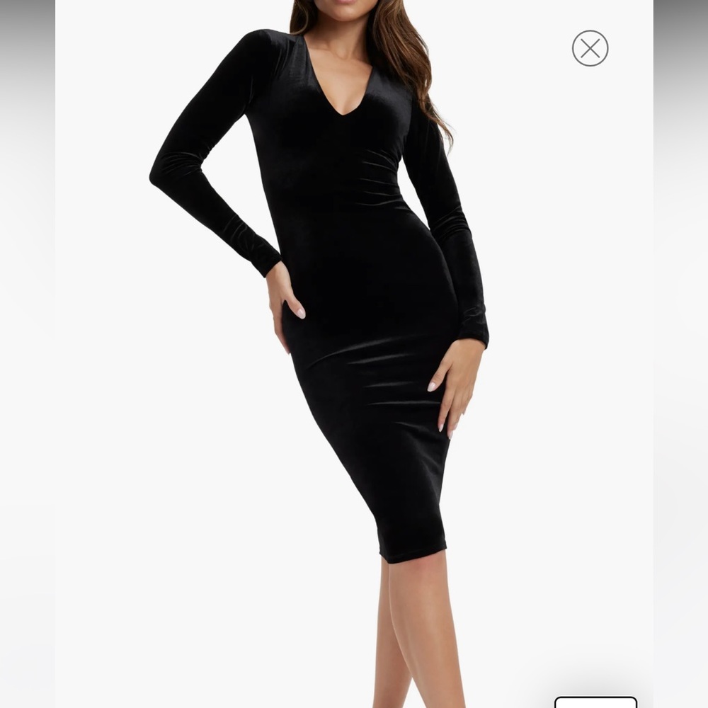 GOOD AMERICAN Black Velvet V-Neck Midi‎ Bodycon Dress